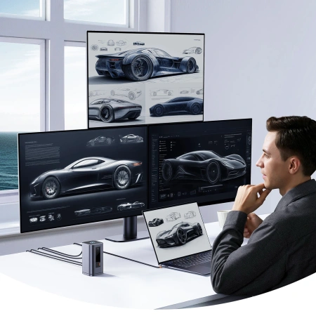 Stacja dokująca Baseus Spacemate RD1 hub 11w1 USB-C - 2xHDMI 4K@60Hz 2xDP 4K@60Hz 2xUSB-A 10Gb/s USB-C 10Gb/s RJ45 USB-A 480Mb/s USB-C PD mini jack 3.5mm ładowarka EU - szara