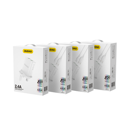 Dudao ładowarka sieciowa wtyczka UK (Wielka Brytania) 2xUSB-A 2.4A biała + kabel USB-A - USB-C biały