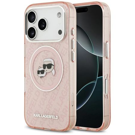 Etui Karl Lagerfeld IML Glitter Karl & Choupette Heads Logo MagSafe do iPhone 17 Pro różowy