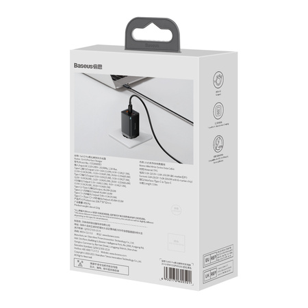 Baseus GaN3 Pro szybka uniwersalna ładowarka sieciowa GaN 2 x USB Typ C / USB 65W PD3.0, QC4.0+, AFC czarny + kabel USB Typ C - USB Typ C 1m (CCGP050101)