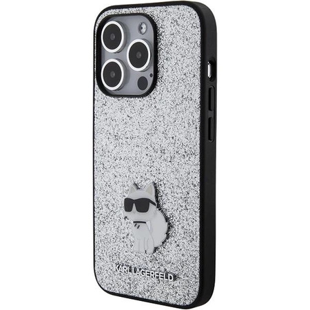 Etui Karl Lagerfeld Fixed Glitter Choupette Logo Metal Pin do iPhone 15 Pro - srebrne