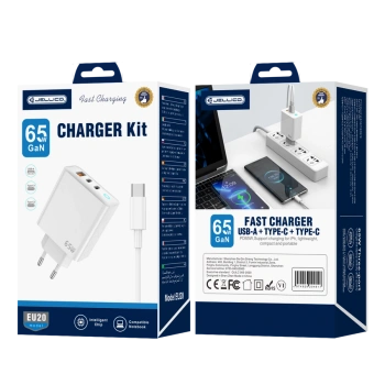 JELLICO ładowarka sieciowa EU20 GaN PD 65W 2xUSB-C + 1xUSB QC3.0 + kabel USB-C - USB-C Biały