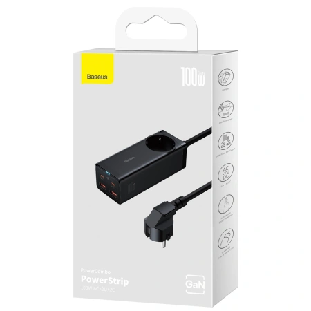 Stacja ładująca Baseus GaN3 Pro 100W EU + 2 x USB-A + 2 x USB-C z kablem 1m Baseus Xiaobai USB-C 100W - czarna