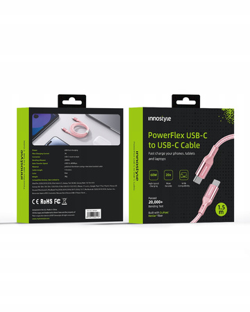 INNOSTYLE POWERFLEX KABEL USB-C SZYBKIE ŁADOWANIE DO IPHONE SAMSUNG 3A 60W KEVLAR 2M RÓŻOWY