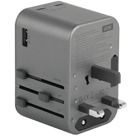 ENERGEA ład. siec. 1xUSB+2xUSB-CPD-PPS-QC 3.0 65W 1A2C adapter 4w1 US/UA/EU/UK szary/gunmetal Travelworld Adapter GaN65W