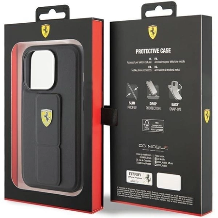 Etui Ferrari Grip Stand Metal Logo na iPhone 15 Pro - czarne