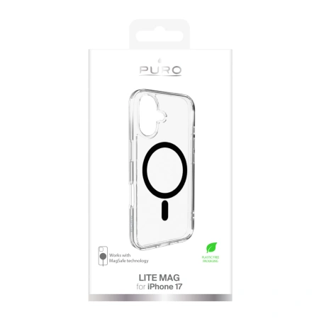 Etui Puro Lite Mag TPU+PC kompatybilne z MagSafe na iPhone 17 - przezroczyste z czarnym pierścieniem