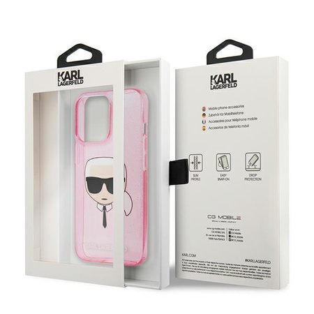 Etui Karl Lagerfeld KLHCP13XKHTUGLP na iPhone 13 Pro Max - różowe Glitter Karl's Head