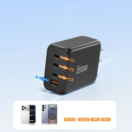 TECH-PROTECT NC200W-GAN 4-PORT NETWORK CHARGER PD 200W / QC3.0 BLACK