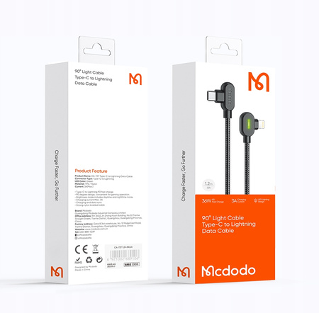 MCDODO KABEL KĄTOWY 90° USB-C LIGHTNING DWUSTRONNY DO IPHONE 13 14 LED 1M