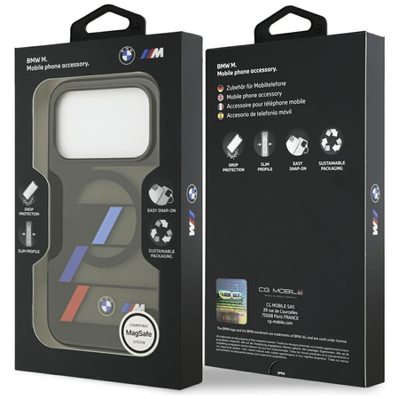 Etui BMW M IML Metal Buttons Tricolor Lines MagSafe do iPhone 17 Pro czarny