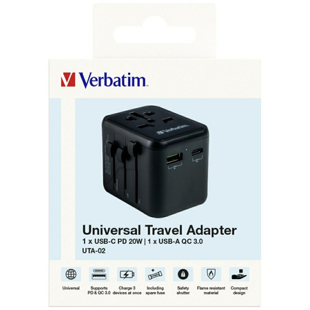 VERBATIM ADAPTER PODRÓŻNY 2xUSB-A USB-C PD 20W DO SPRZĘTU ELEKTRONICZNEGO
