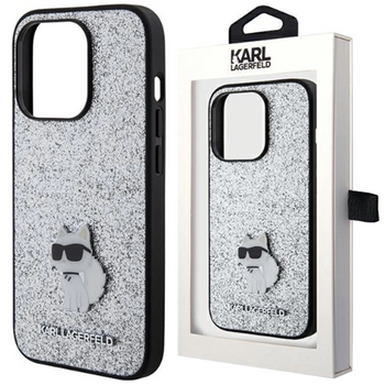 Etui Karl Lagerfeld Fixed Glitter Choupette Logo Metal Pin do iPhone 15 Pro Max - srebrne