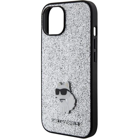 Etui Karl Lagerfeld Fixed Glitter Choupette Logo Metal Pin do iPhone 15 - srebrne
