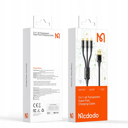 MCDODO KABEL USB 3W1 SZYBKIE ŁADOWANIE USB-C LIGHTNING MICRO USB 6A 100W 1M