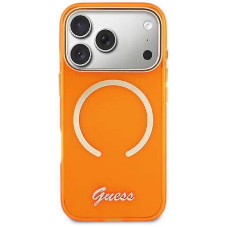 Etui Guess IML Script Metal MagSafe do iPhone 17 Pro Max pomarańczowy