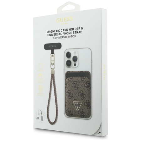 Zestaw portfel + hand strap Guess triangle MagSafe brązowy
