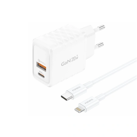 FONENG ładowarka sieciowa EU56 GaN PD 20W 1xUSB-C + 1xUSB QC3.0 + kabel USB-C - Lightning Biały