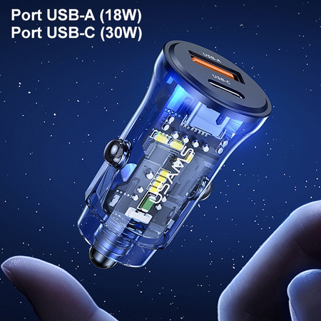 USAMS ŁADOWARKA SAMOCHODOWA 30W DO TELEFONÓW 1xUSB 1xUSB-C SZYBKI CHARGER