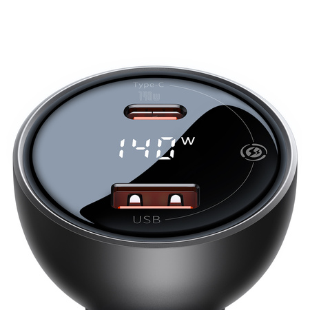 Baseus Digital Display szybka ładowarka samochodowa USB-A / USB-C PD3.1 140W czarny + kabel USB-C Baseus Superior Series 5A 240W 1m czarny (CGZX070001)