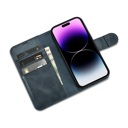 iCarer Oil Wax Wallet Case 2in1 etui iPhone 14 Pro skórzany pokrowiec z klapką Anti-RFID niebieski (WMI14220722-BU)