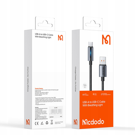 MCDODO KABEL USB-C SZYBKIE ŁADOWANIE DO SAMSUNG XIAOMI TYP C 6A 100W 1M LED