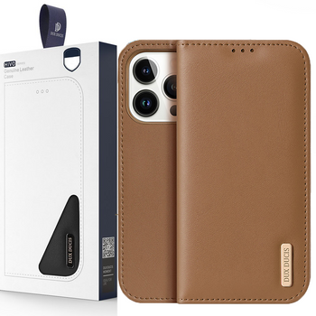 Dux Ducis Hivo skórzane etui z klapką pokrowiec ze skóry naturalnej portfel na karty i dokumenty iPhone 14 Pro brązowy