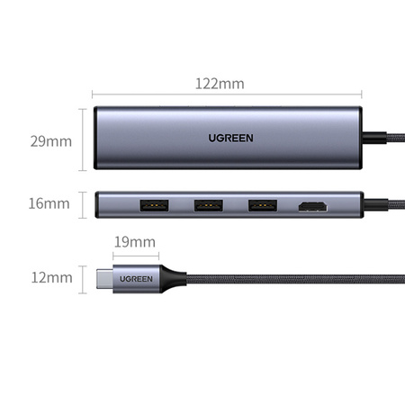Ugreen adapter konwerter HUB 5w1 USB C - 3x USB 3.0 / HDMI / RJ45 szary (CM475)