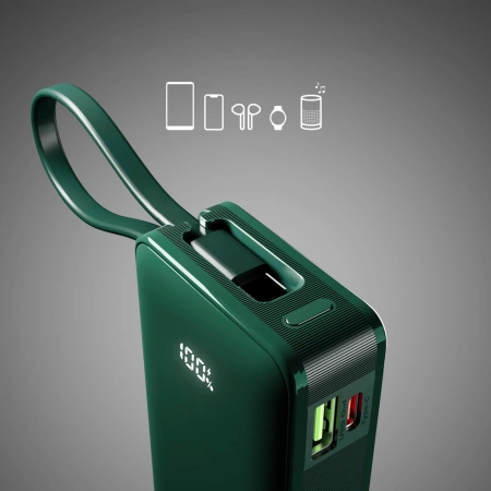 Powerbank SBS 10000 mAh 20W z wbudowanym kablem USB-C i wyświetlaczem cyfrowym - zielony