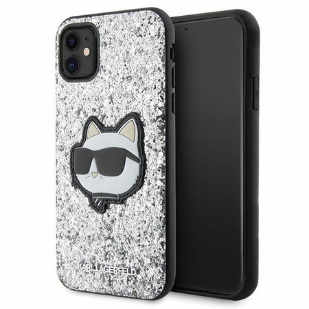 Etui Karl Lagerfeld KLHCN61G2CPS na iPhone 11 / Xr - srebrne Glitter Choupette Patch