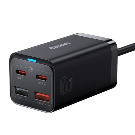 Baseus GaN3 Pro szybka ładowarka sieciowa GaN 2 x USB Typ C / 2 x USB 65W PD, QC4.0+, AFC, PPS + kabel USB Typ C - USB Typ C 1m czarny (CCGP040101)
