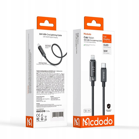MCDODO KABEL USB-C LIGHTNING SZYBKIE ŁADOWANIE DO APPLE IPHONE 36W 1M OLED