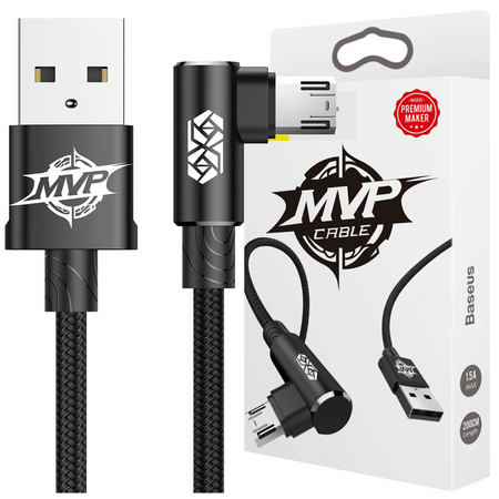 Baseus MVP Elbow Type dwustronny kątowy kabel przewód z bocznym wtykiem micro USB 2m 1.5A czarny (CAMMVP-B01)