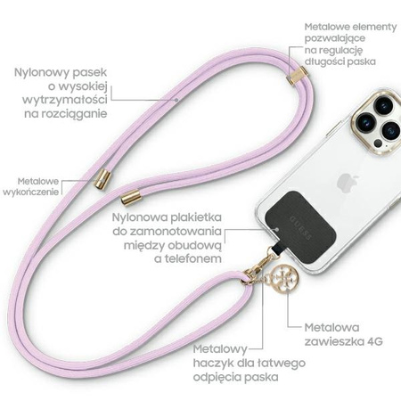GUESS ZAWIESZKA TELEFON DO CORD LILA PASEK UNIWERSALNY 4G METALOWY CHARME