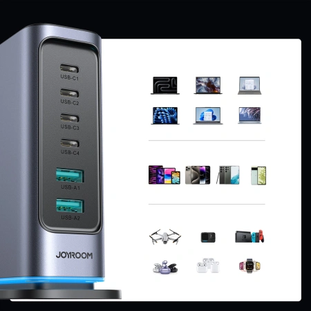 Ładowarka Joyroom JR-TCM02 wieloportowa GaN 65W EU 4x USB-C 2x USB-A - ciemnoszara