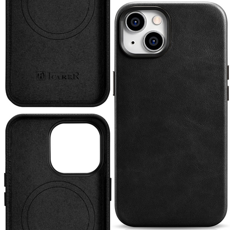 iCarer Oil Wax Premium Leather Case skórzane etui iPhone 14 Plus magnetyczne z MagSafe czarny (WMI14220703-BK)