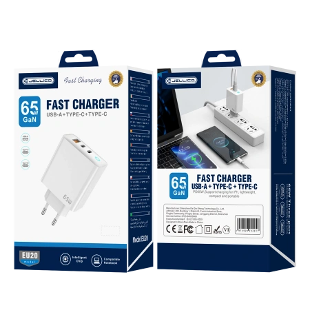 JELLICO ładowarka sieciowa EU20 GaN PD 65W 2xUSB-C + 1xUSB QC3.0 Biały