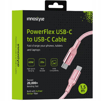 INNOSTYLE POWERFLEX KABEL USB-C SZYBKIE ŁADOWANIE DO IPHONE SAMSUNG 3A 60W KEVLAR 2M RÓŻOWY