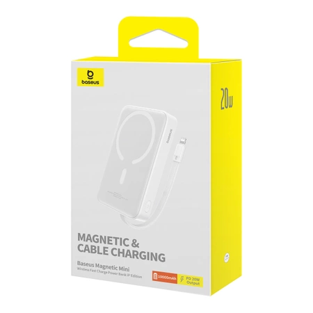 Powerbank Baseus Magnetic Mini MagSafe 10000mAh 20W z wbudowanym kablem Lightning - biały + kabel Baseus Simple Series USB-C - USB-C 60W 0.3m