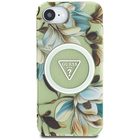 GUESS ETUI CASE IML METAL GLITTER DO IPHONE 16E DO MAGSAFE FLOWERS TRIANGLE