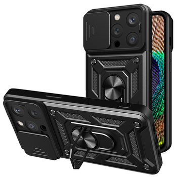 Pancerne etui z podstawką i osłoną aparatu do iPhone 15 Pro Max Hybrid Armor Camshield - czarne