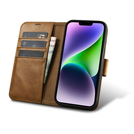 iCarer Oil Wax Wallet Case 2in1 etui iPhone 14 Plus skórzany pokrowiec z klapką Anti-RFID brązowy (WMI14220723-TN)
