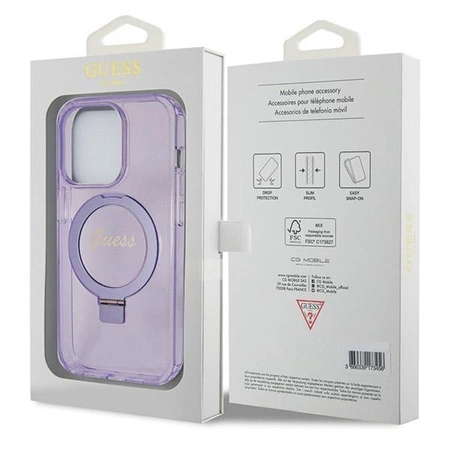 Etui Guess Ring Stand Script Glitter MagSafe na iPhone 14 Pro - fioletowe