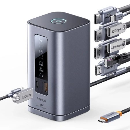 Stacja dokująca Baseus Spacemate RD1 hub 11w1 USB-C - 2xHDMI 4K@60Hz 2xDP 4K@60Hz 2xUSB-A 10Gb/s USB-C 10Gb/s RJ45 USB-A 480Mb/s USB-C PD mini jack 3.5mm ładowarka EU - szara