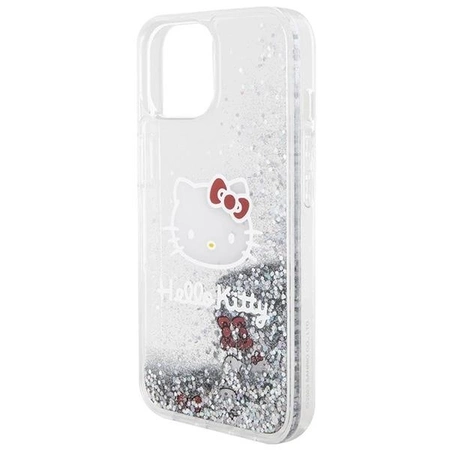 Etui Hello Kitty Liquid Glitter Charms Kitty Head na iPhone 15 - srebrne