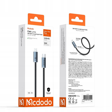 MCDODO KABEL USB-C LIGHTNING SZYBKIE ŁADOWANIE USB TYP C 36W 1M LED CZARNY