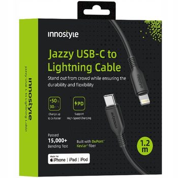 INNOSTYLE JAZZY KABEL USB-C LIGHTNING MFI SZYBKIEGO ŁADOWANIA DO IPHONE KEVLAR 1M CZARNY