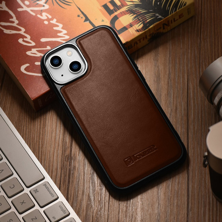 iCarer Leather Oil Wax etui pokryte naturalną skórą do iPhone 14 Plus (kompatybilne z MagSafe) brązowy (WMI14220719-BN)