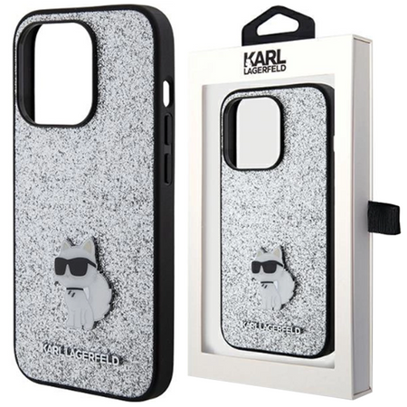 Etui Karl Lagerfeld Fixed Glitter Choupette Logo Metal Pin do iPhone 15 - srebrne