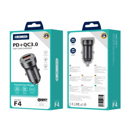 JELLICO ładowarka samochodowa F4 PD 20W 1xUSB-C + 1xUSB QC3.0 + kabel USB-C Czarny